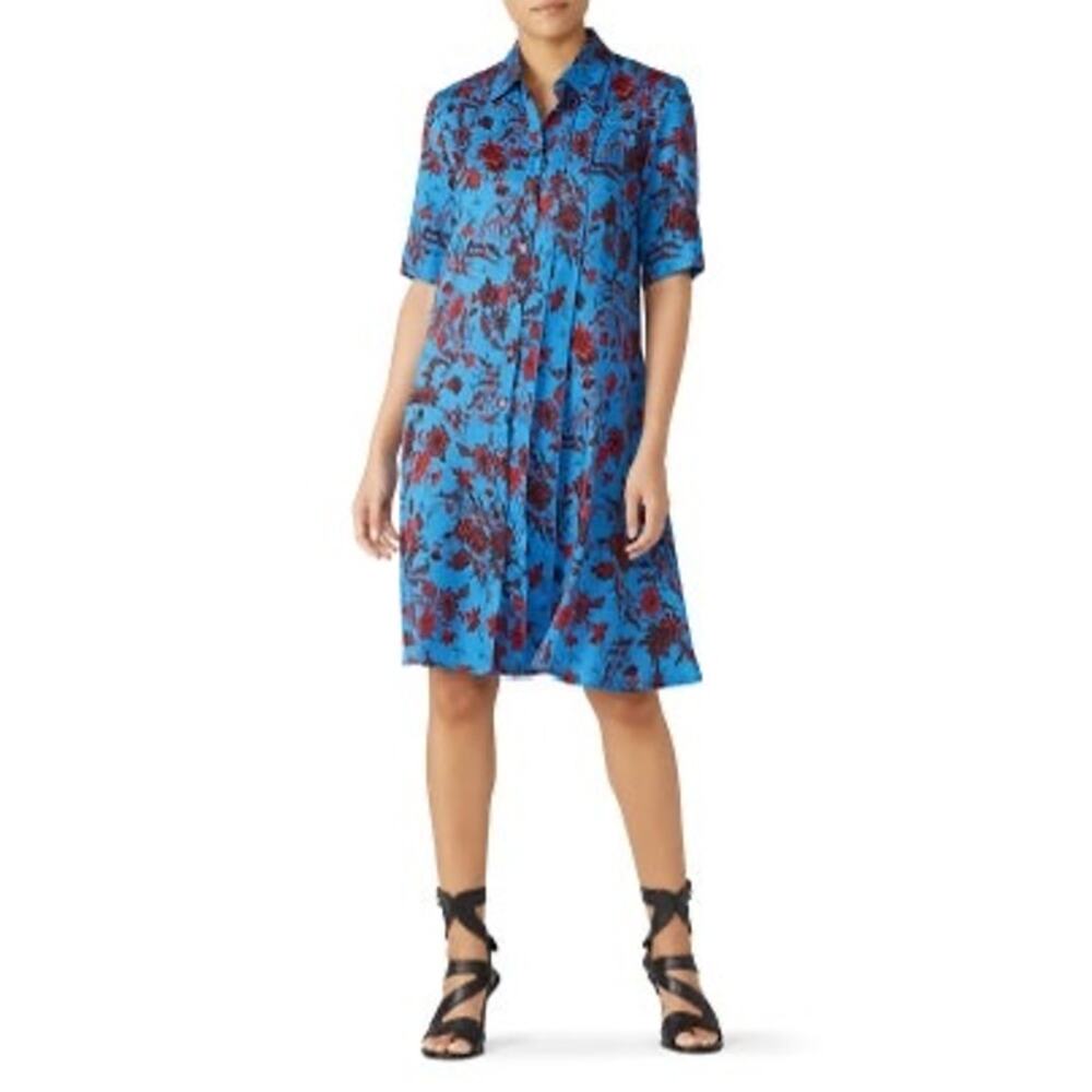 Derek Lam Blue & Red Floral Print Button Front A-Line Shirt Dress Size 4